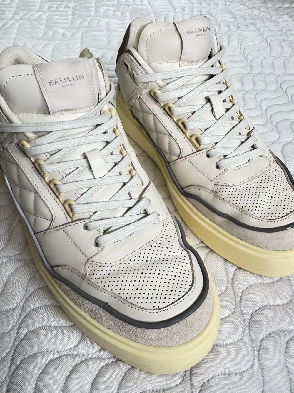 Balmain B-Court Panelled Distressed White Leather Sneakers EU 40 US 7